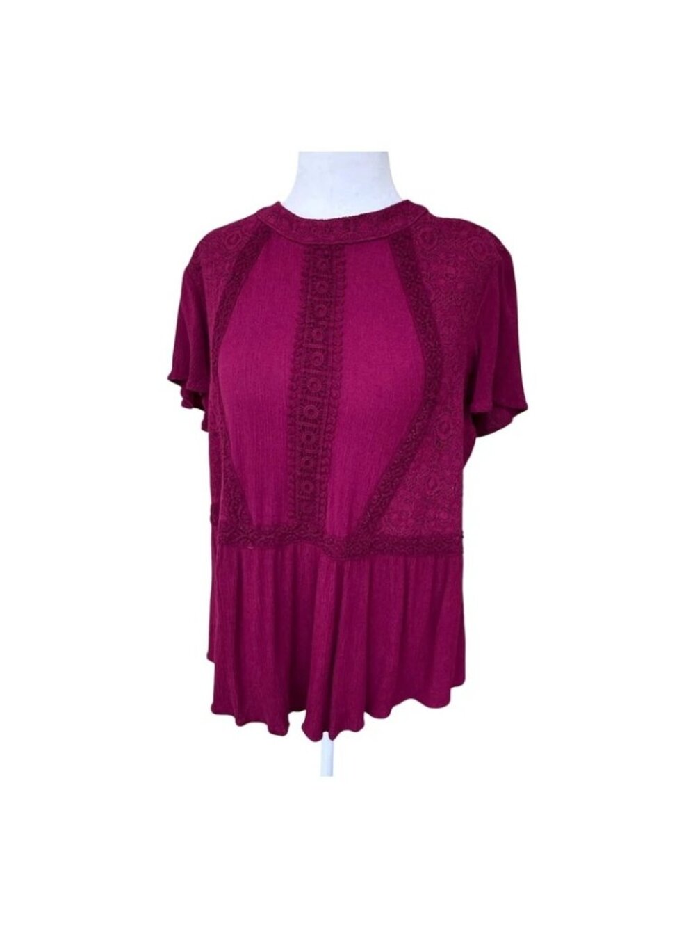 Eyeshadow Peplum Top Blouse Burgundy Maroon Garnet Women Large Lace Embroidered